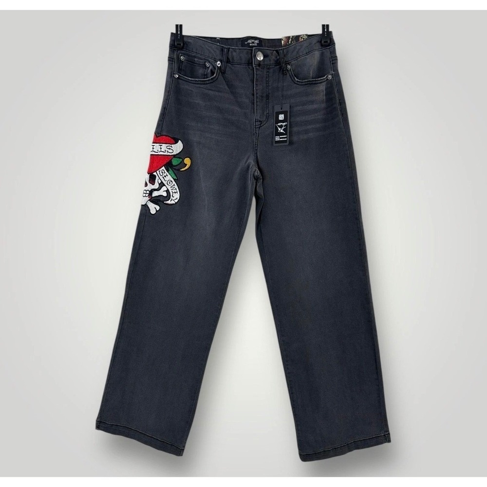 Ed Hardy Wide Leg Jeans Womens 34 Faded Black NEW Love Kills Slowly WEHD8300-1
